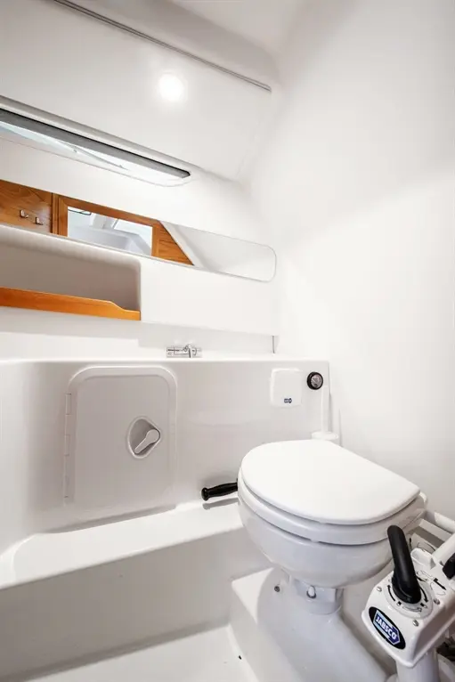 Compact bathroom featuring a Jabsco toilet, storage shelf, mirror, and bright lighting in a clean, white interior.